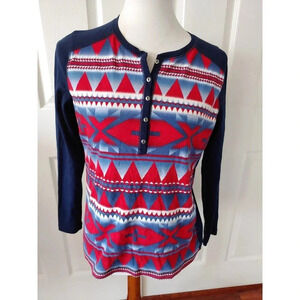 Chaps Denim Womens Top Size Large Southwestern Henley Red White Blue Cowgirl